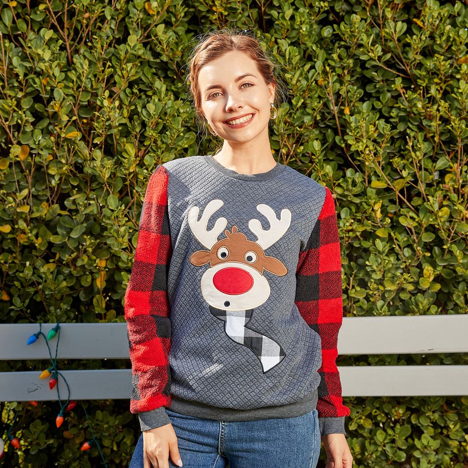 Christmas Family Matching Plaid Long-sleeve Spliced Reindeer Graphic Textured Sweatshirts Dark Grey big image 4