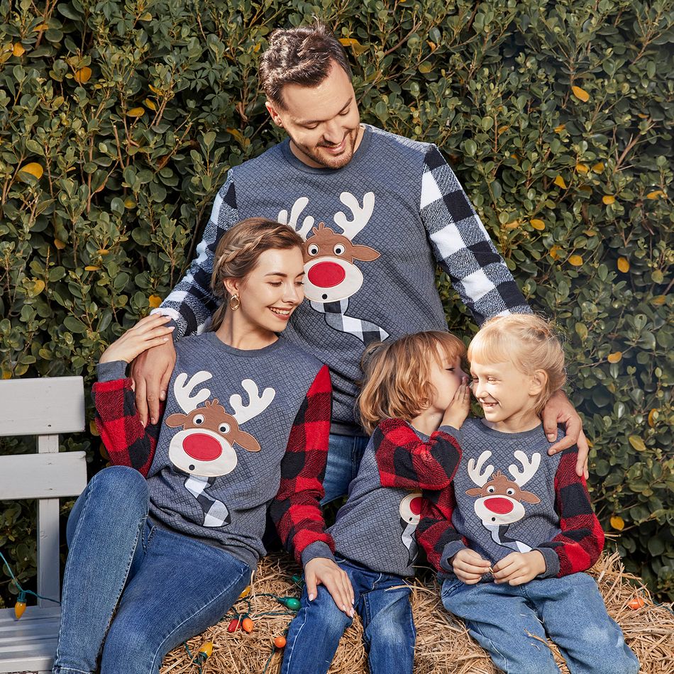 Christmas Family Matching Plaid Long-sleeve Spliced Reindeer Graphic Textured Sweatshirts Dark Grey big image 10