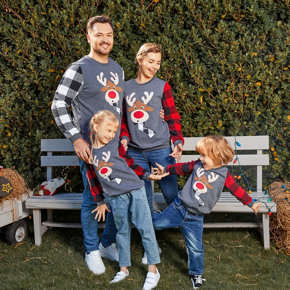 Christmas Family Matching Plaid Long-sleeve Spliced Reindeer Graphic Textured Sweatshirts Dark Grey big image 9