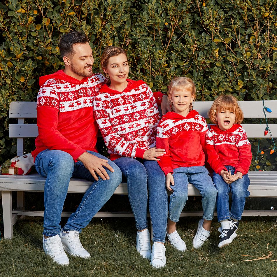 Christmas Family Matching Allover Deer & Snowflake Print Red Long-sleeve Fleece Hoodies REDWHITE big image 1