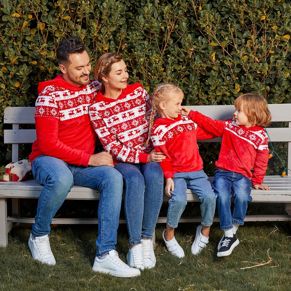 Christmas Family Matching Allover Deer & Snowflake Print Red Long-sleeve Fleece Hoodies REDWHITE big image 3