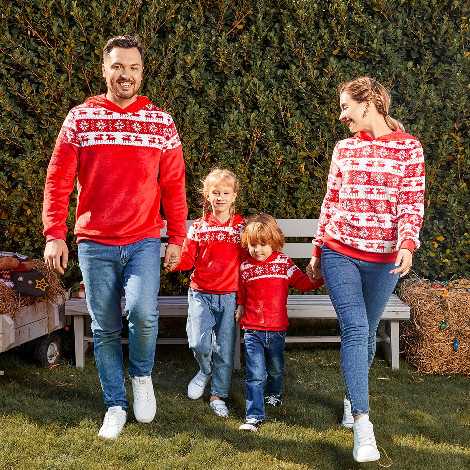Christmas Family Matching Allover Deer & Snowflake Print Red Long-sleeve Fleece Hoodies REDWHITE big image 5