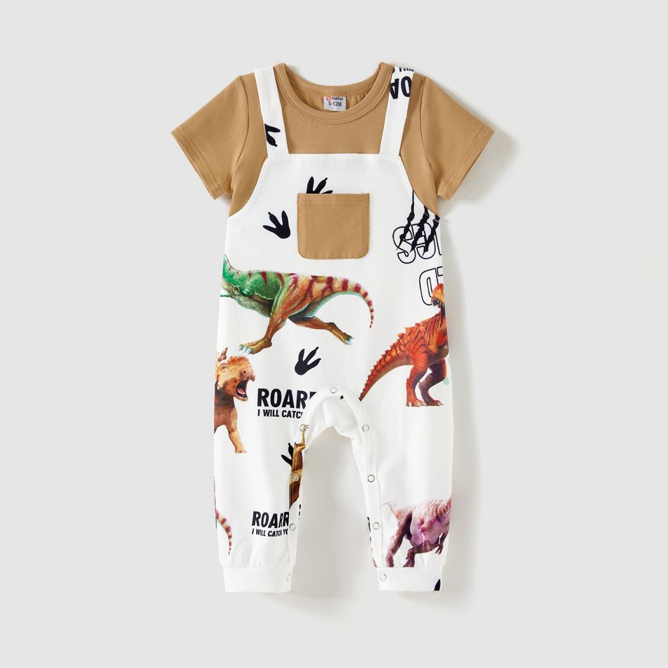 Family Matching Cotton Short-sleeve Button Front Colorblock T-shirts and Dinosaur & Letter Print Spliced Dresses Sets ColorBlock big image 11