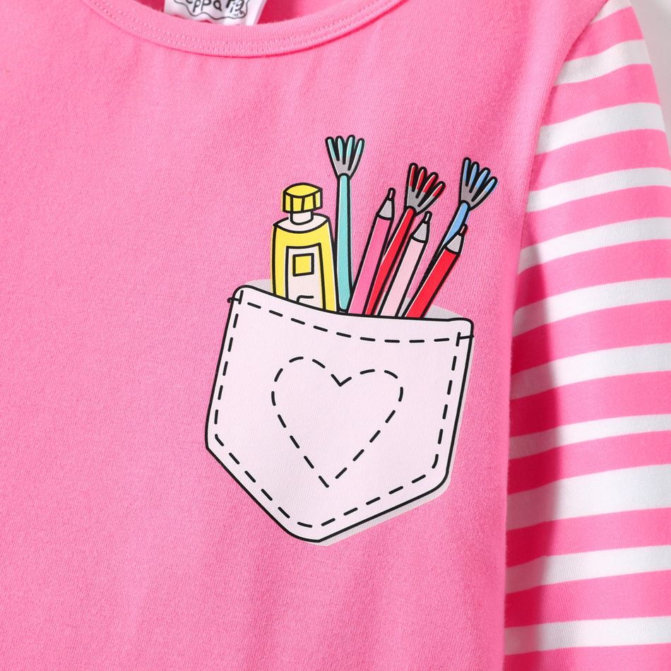 Peppa Pig Toddler Girl Striped Pocket Design Long-sleeve Cotton Dress Pink big image 3