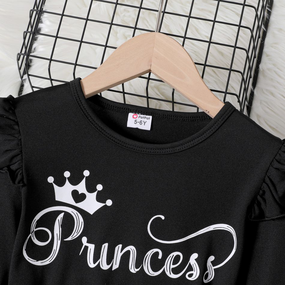2pcs Kid Girl Letter Print Ruffled Black Tee and Tweed Plaid Skirt Set Black big image 2