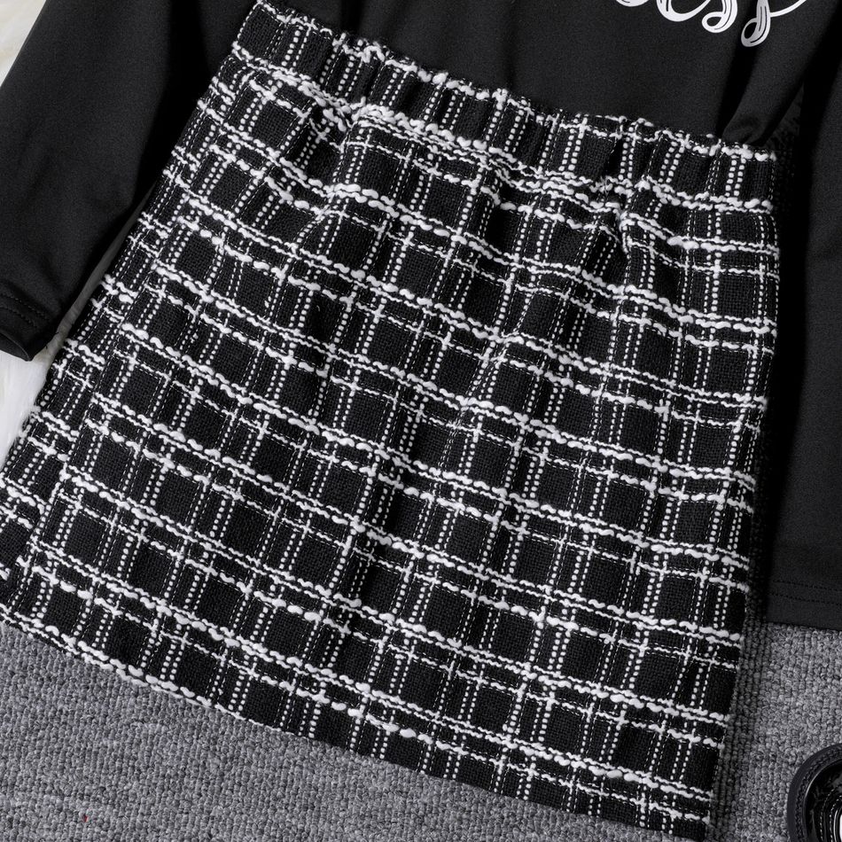 2pcs Kid Girl Letter Print Ruffled Black Tee and Tweed Plaid Skirt Set Black big image 4