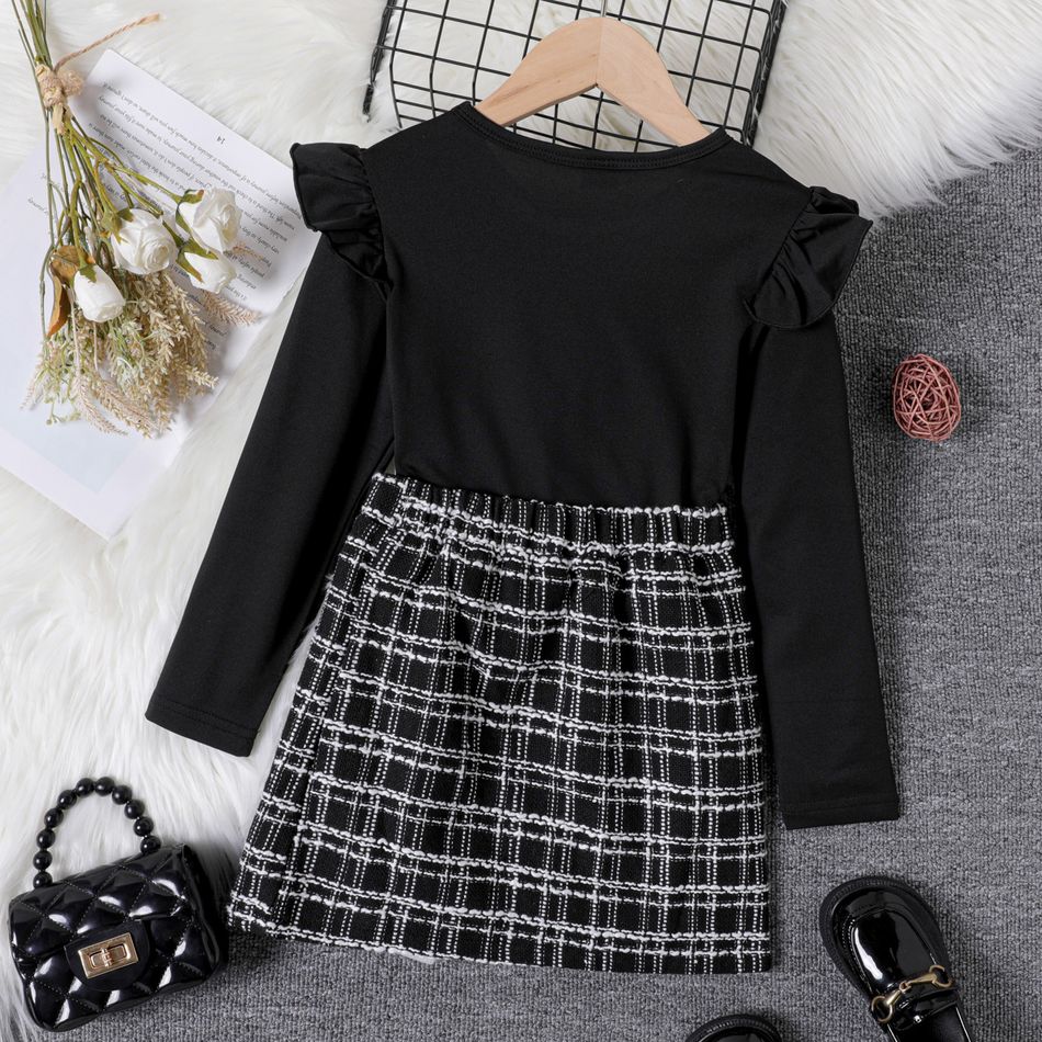 2pcs Kid Girl Letter Print Ruffled Black Tee and Tweed Plaid Skirt Set Black