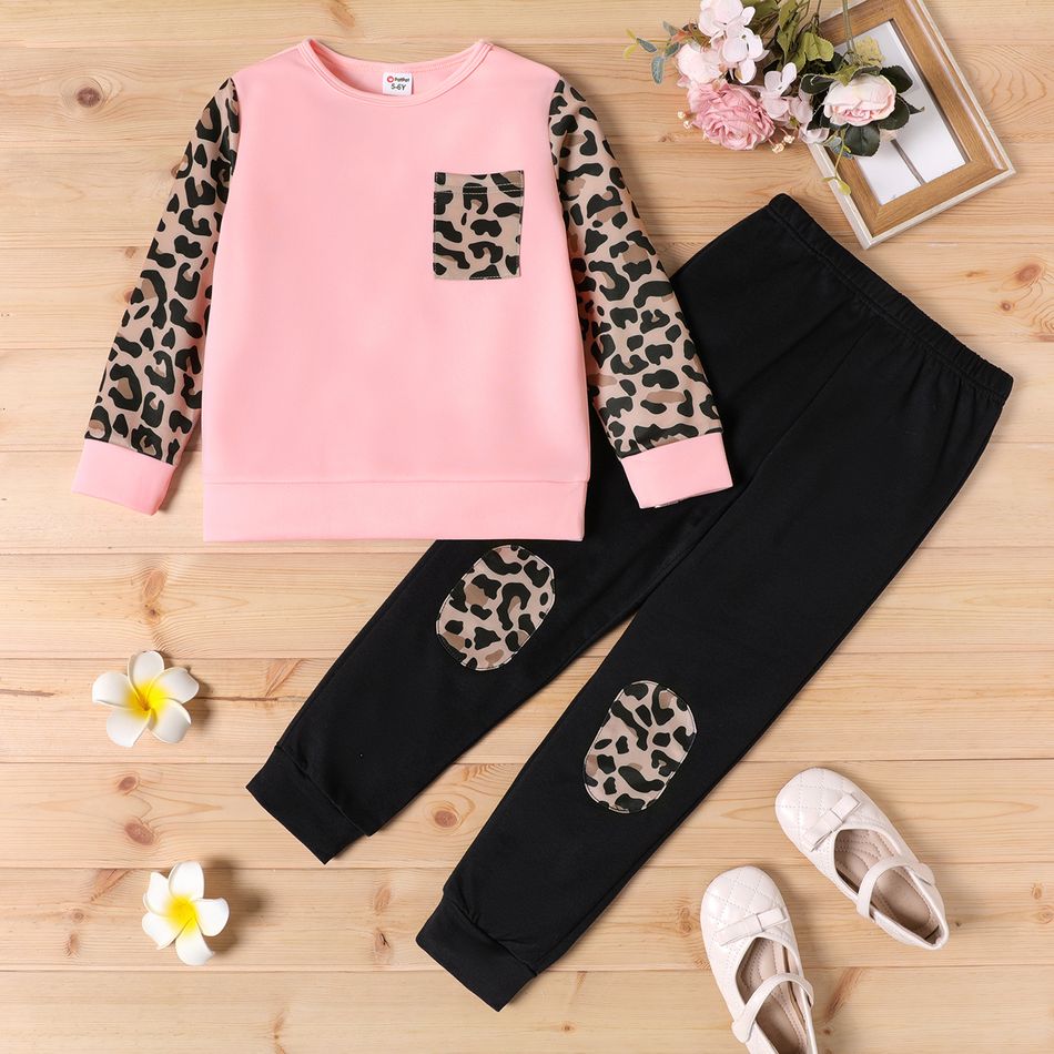 2pcs Kid Girl Leopard Print Colorblock Pullover Sweatshirt and Elasticized Pants Set Pink big image 1