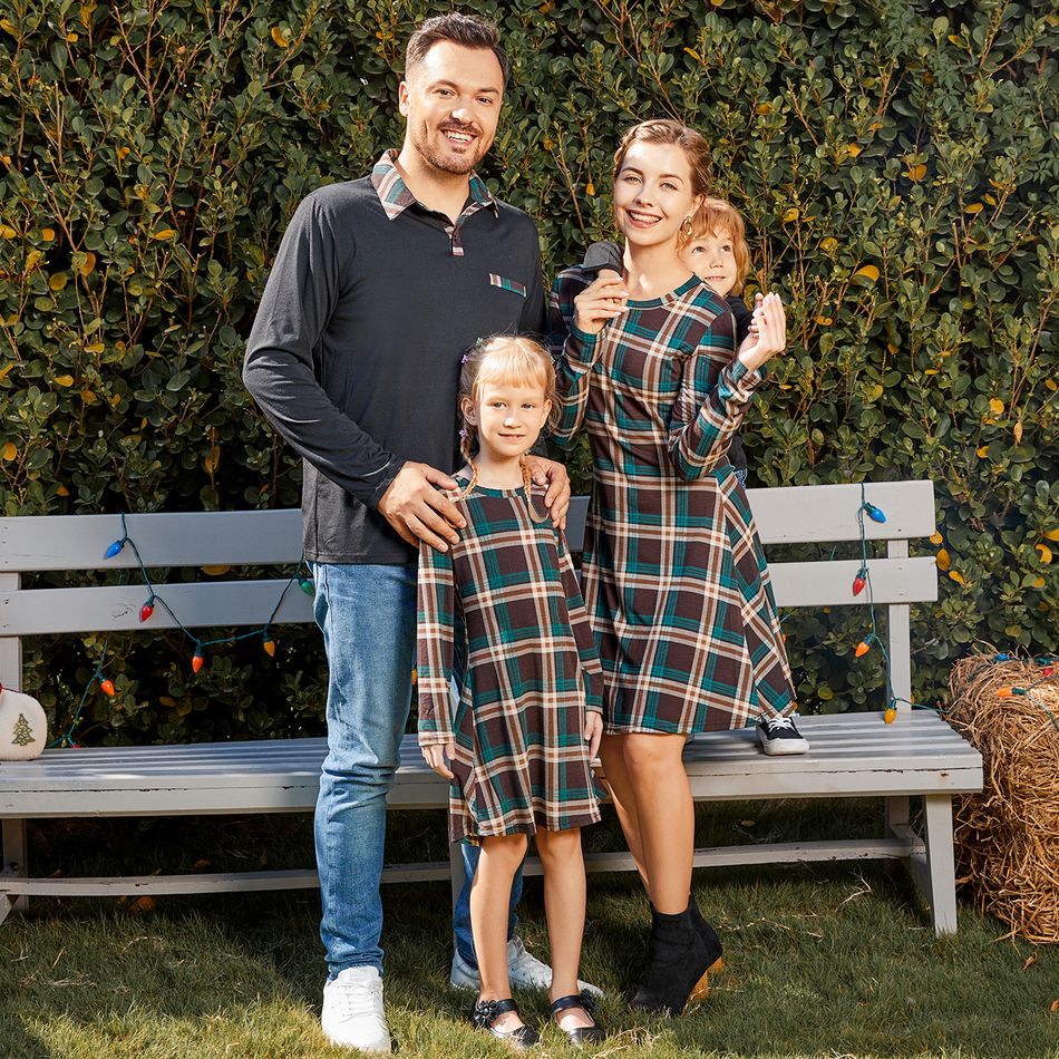 Family Matching Green Plaid A-line Dresses and Contrast Collar Long-sleeve Polo Shirts Sets Green big image 5