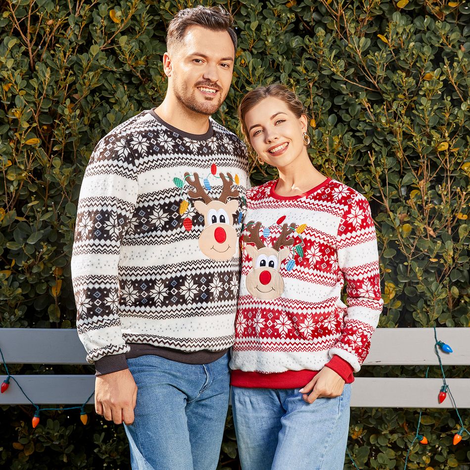 Christmas Family Matching Reindeer Embroidered Allover Pattern Long-sleeve Fuzzy Flannel Tops Multi-color big image 6