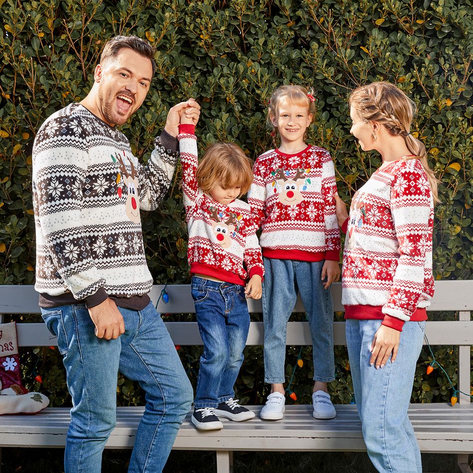 Christmas Family Matching Reindeer Embroidered Allover Pattern Long-sleeve Fuzzy Flannel Tops Multi-color big image 2