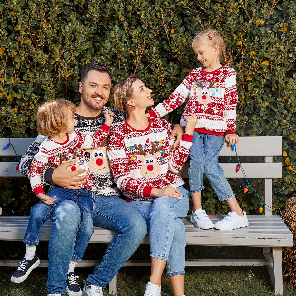 Christmas Family Matching Reindeer Embroidered Allover Pattern Long-sleeve Fuzzy Flannel Tops Multi-color big image 3
