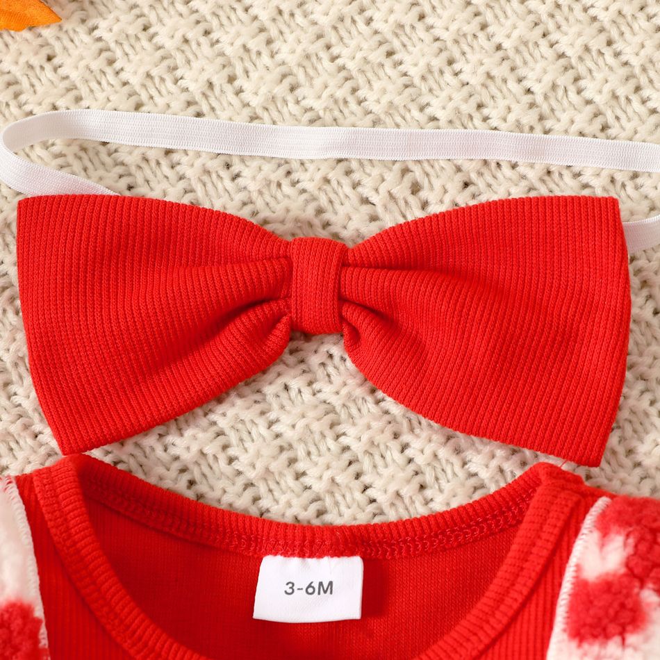 قطعتان من الفستان الأمامي للفتيات الصغيرات باللون الأحمر المضلع بأكمام طويلة مقسم من صوف شيربا مع ربطة رأس أحمر big image 4