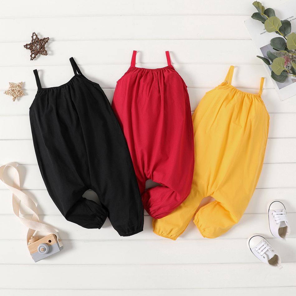 100% Cotton Baby Girl Loose-fit Solid Sleeveless Spaghetti Strap Harem Pants Overalls Yellow big image 2