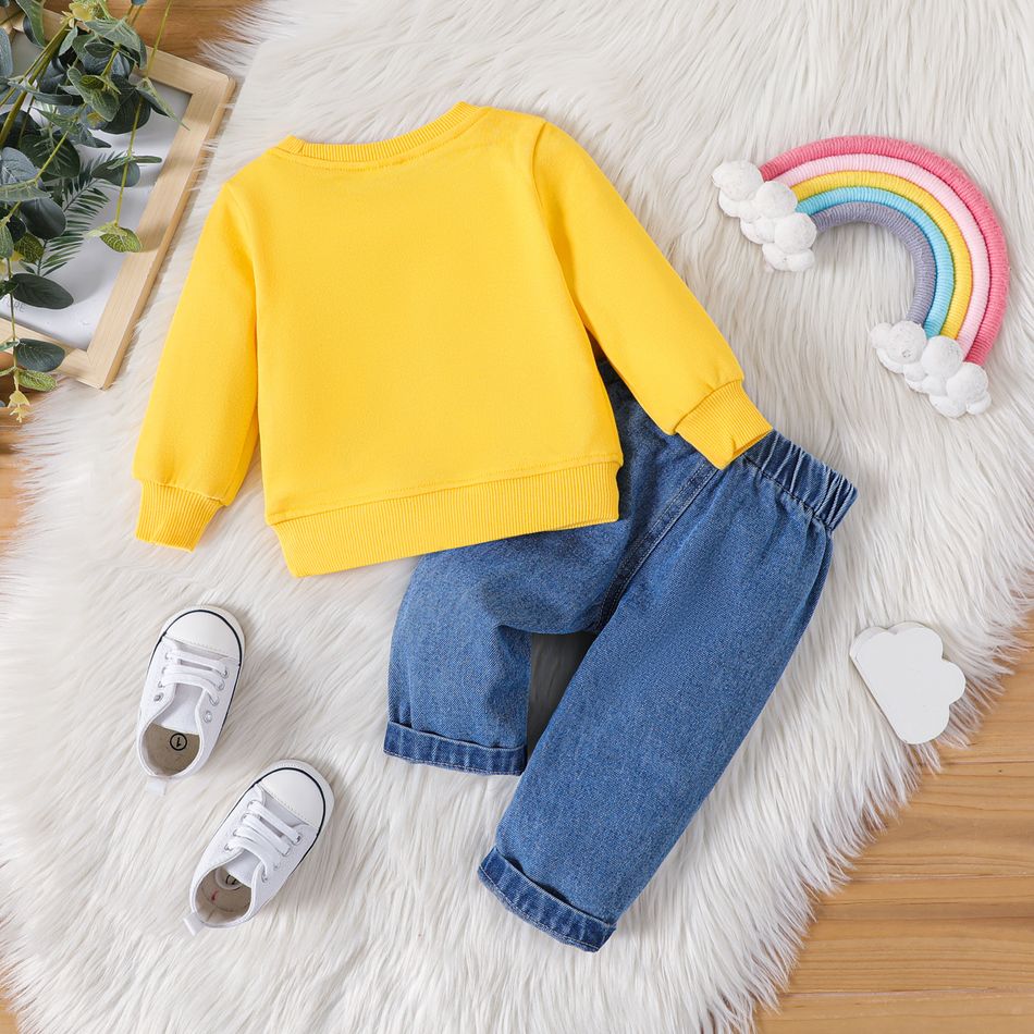 2pcs Baby Boy/Girl Rainbow & Cloud Print Long-sleeve Sweatshirt and Jeans Set Yellow big image 2