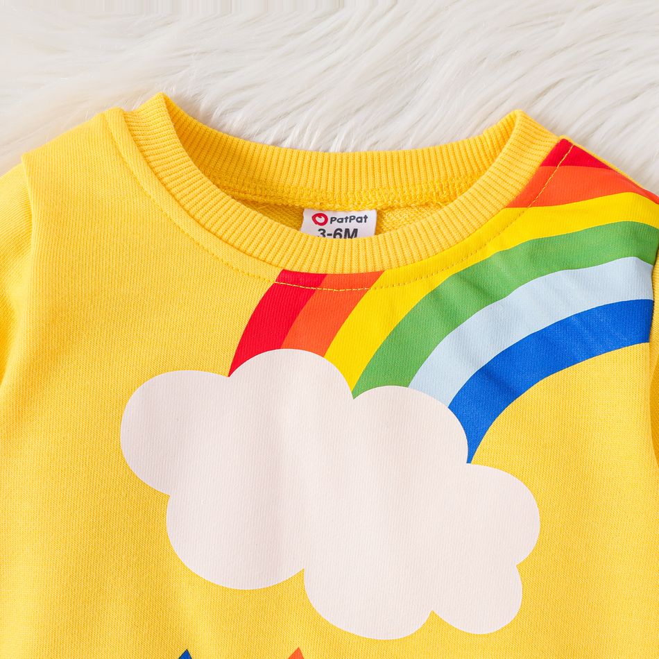 2pcs Baby Boy/Girl Rainbow & Cloud Print Long-sleeve Sweatshirt and Jeans Set Yellow big image 4
