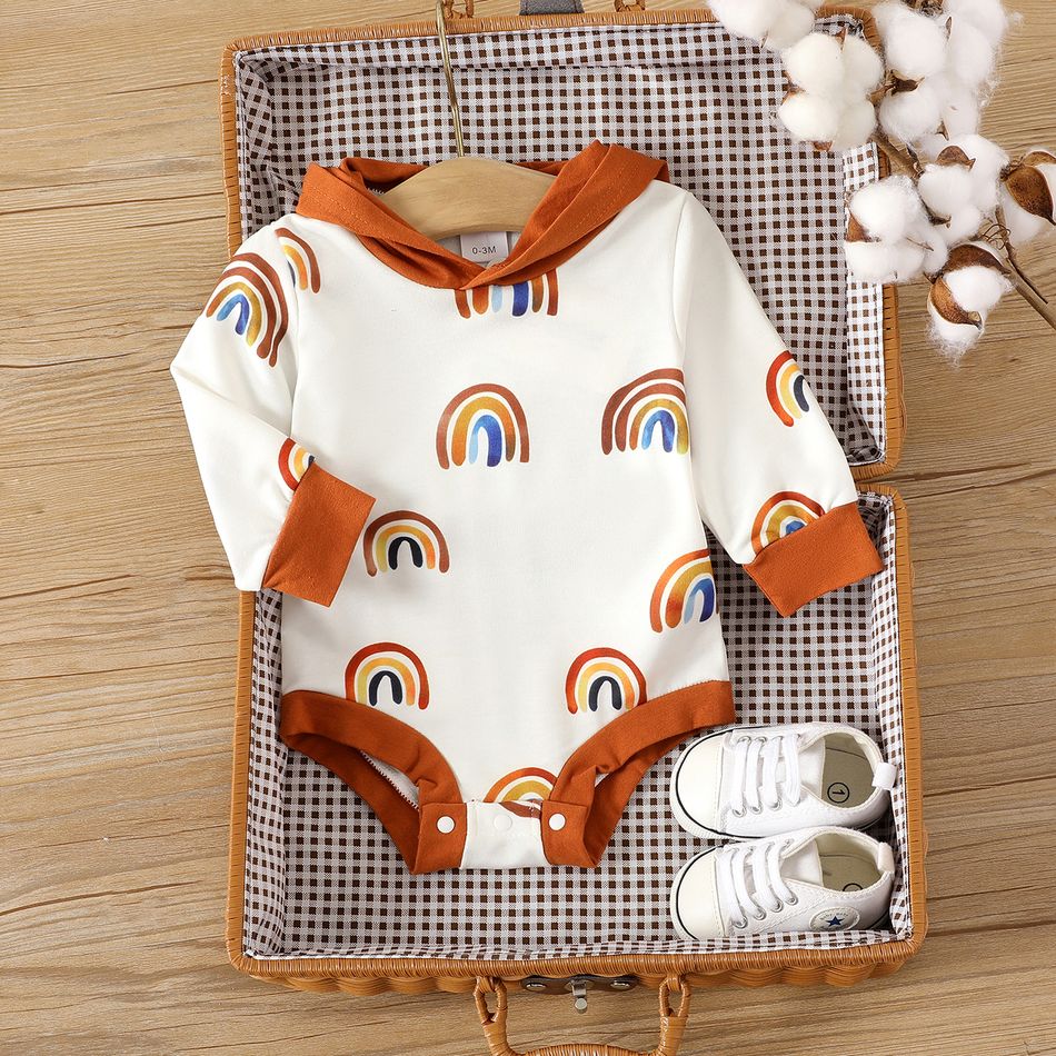 Baby Boy/Girl Allover Rainbow Print Long-sleeve Hooded Romper Brown big image 1