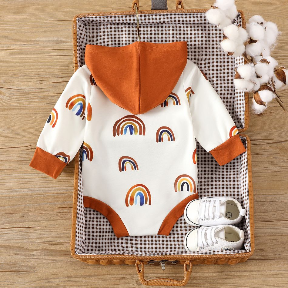 Baby Boy/Girl Allover Rainbow Print Long-sleeve Hooded Romper Brown big image 2