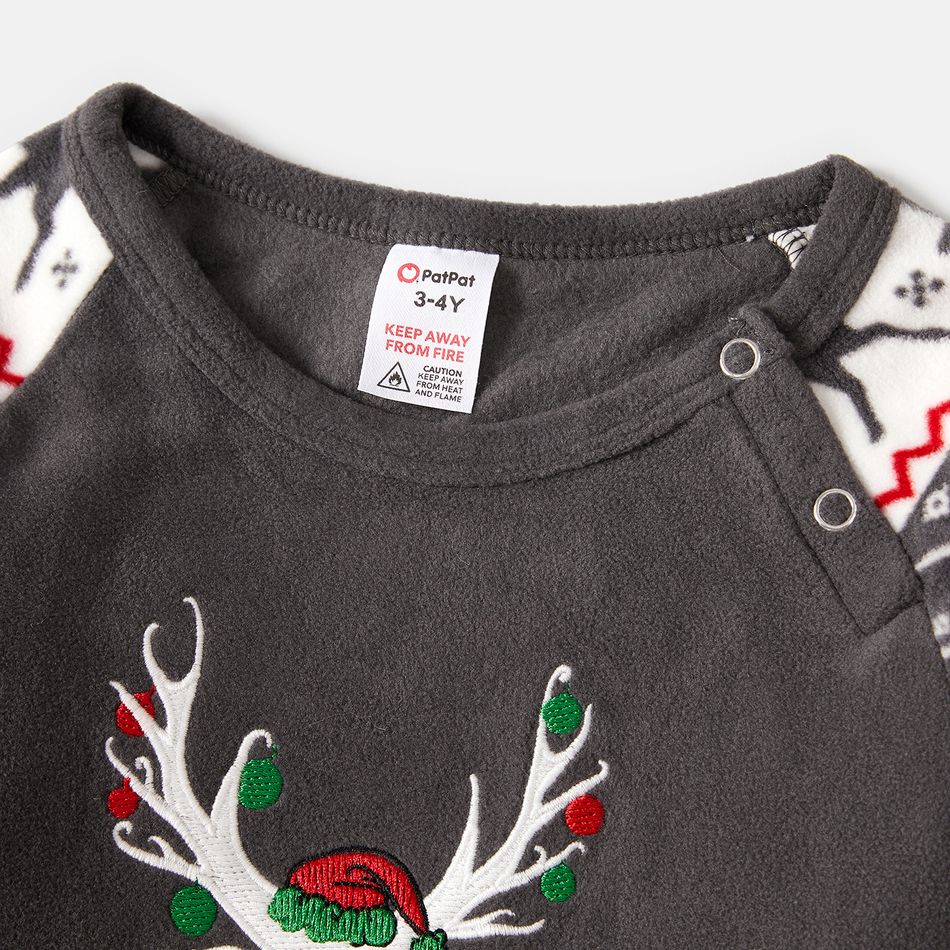 Christmas Family Matching Deer & Letter Embroidered Raglan-sleeve Thickened Polar Fleece Pajamas Sets (Flame Resistant) Grey big image 9