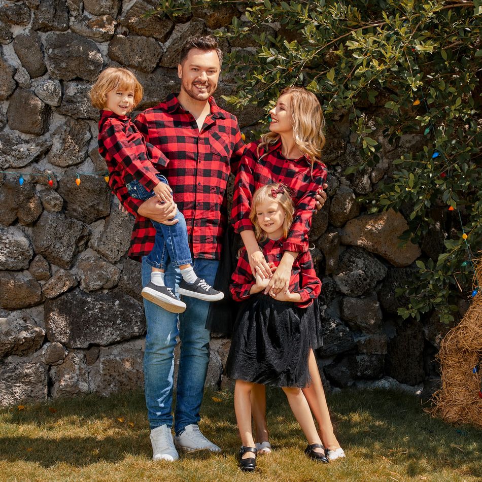 Christmas Family Matching Red Plaid Long-sleeve Button Up Shirts and Mesh Skirts Sets redblack big image 7