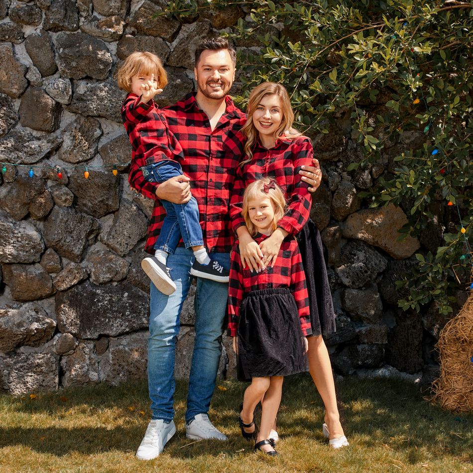 Christmas Family Matching Red Plaid Long-sleeve Button Up Shirts and Mesh Skirts Sets redblack big image 3