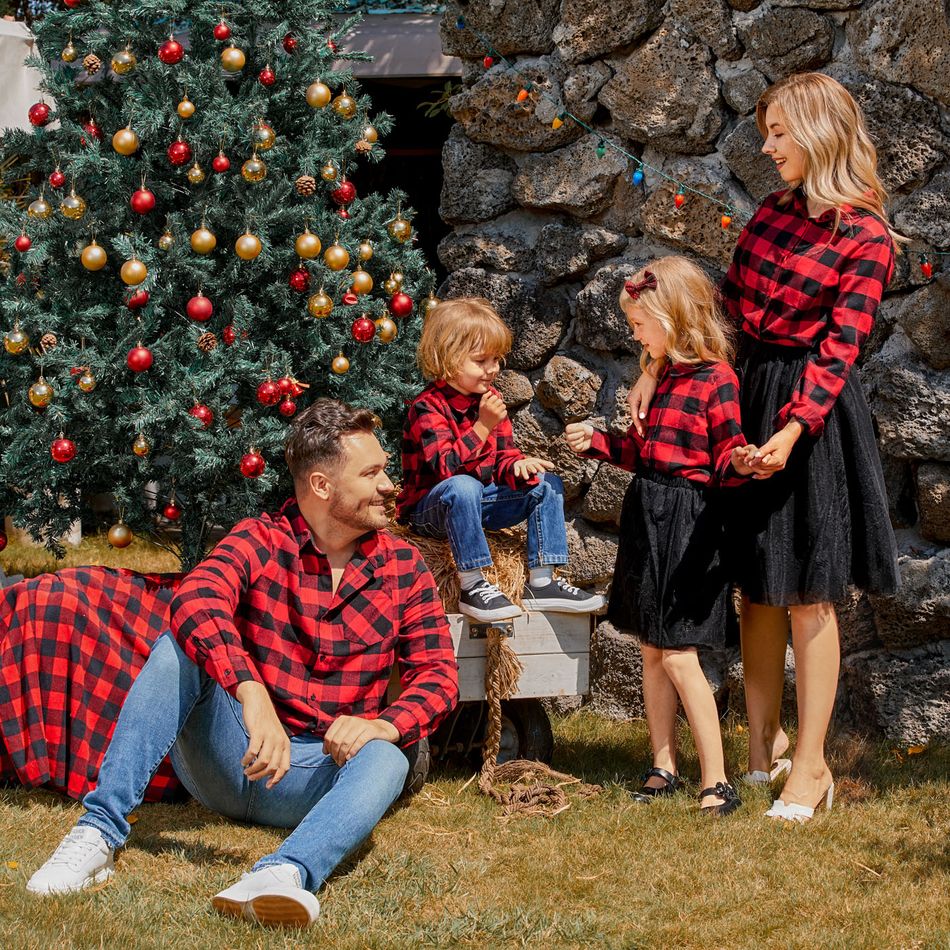 Christmas Family Matching Red Plaid Long-sleeve Button Up Shirts and Mesh Skirts Sets redblack big image 10