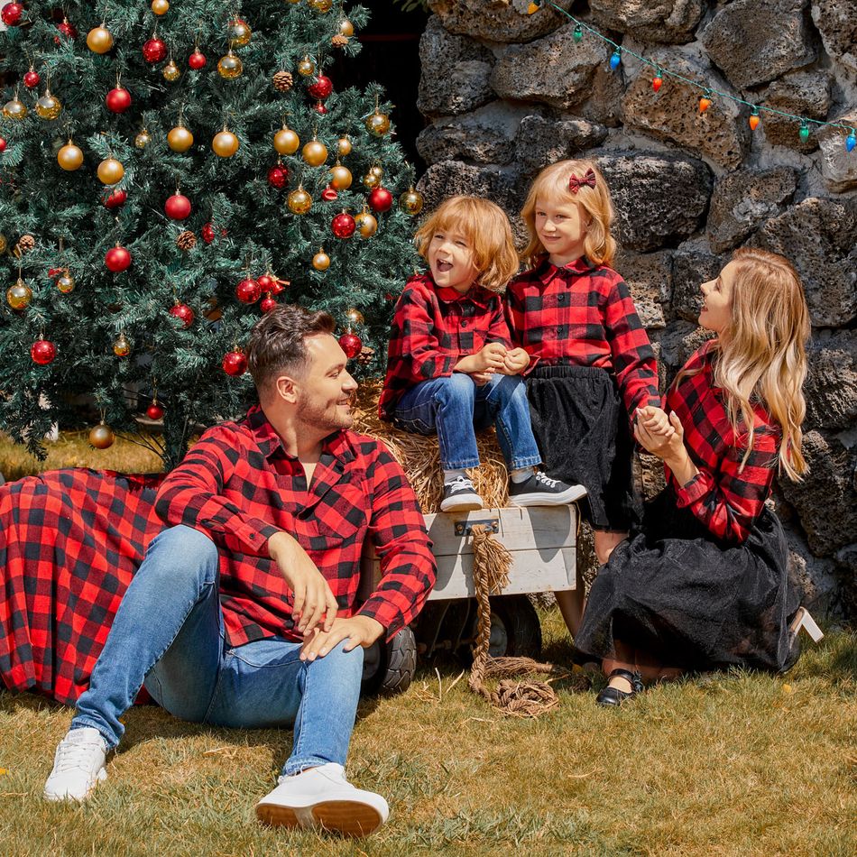 Christmas Family Matching Red Plaid Long-sleeve Button Up Shirts and Mesh Skirts Sets redblack big image 9