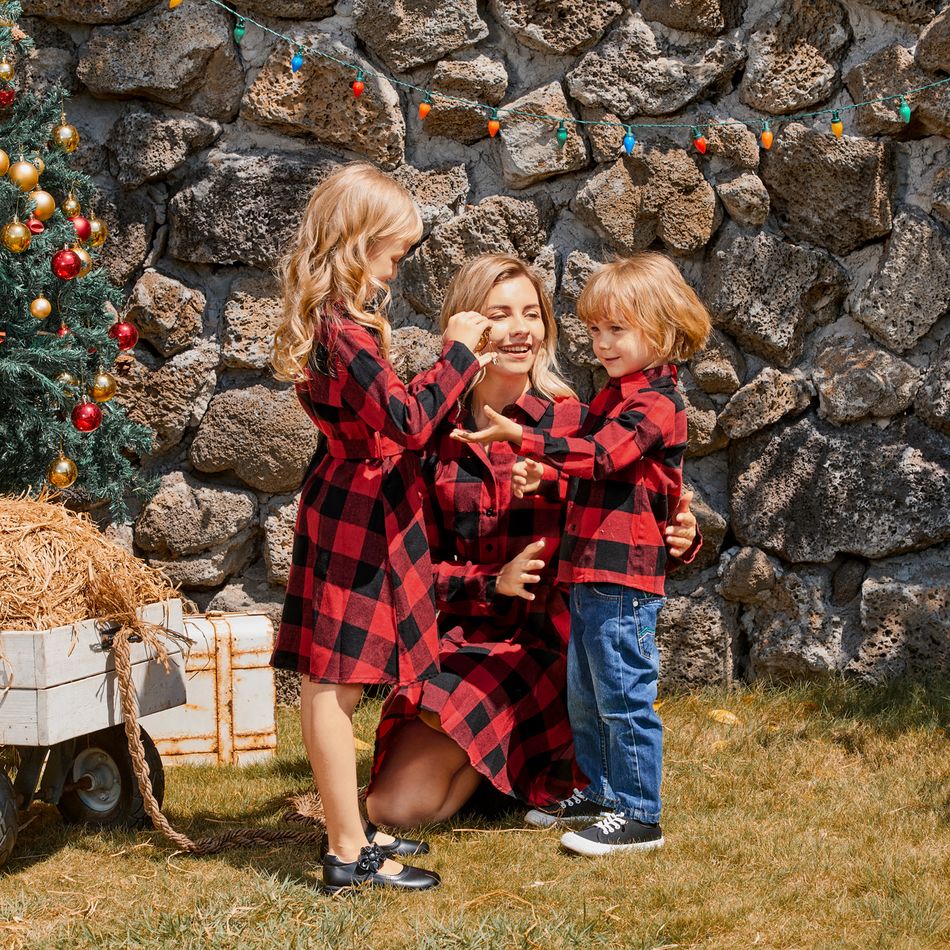 Red and Black Plaid Print Family Matching Sets（Lapel Long-sleeve Belted Dresses and Shirts） Red big image 7