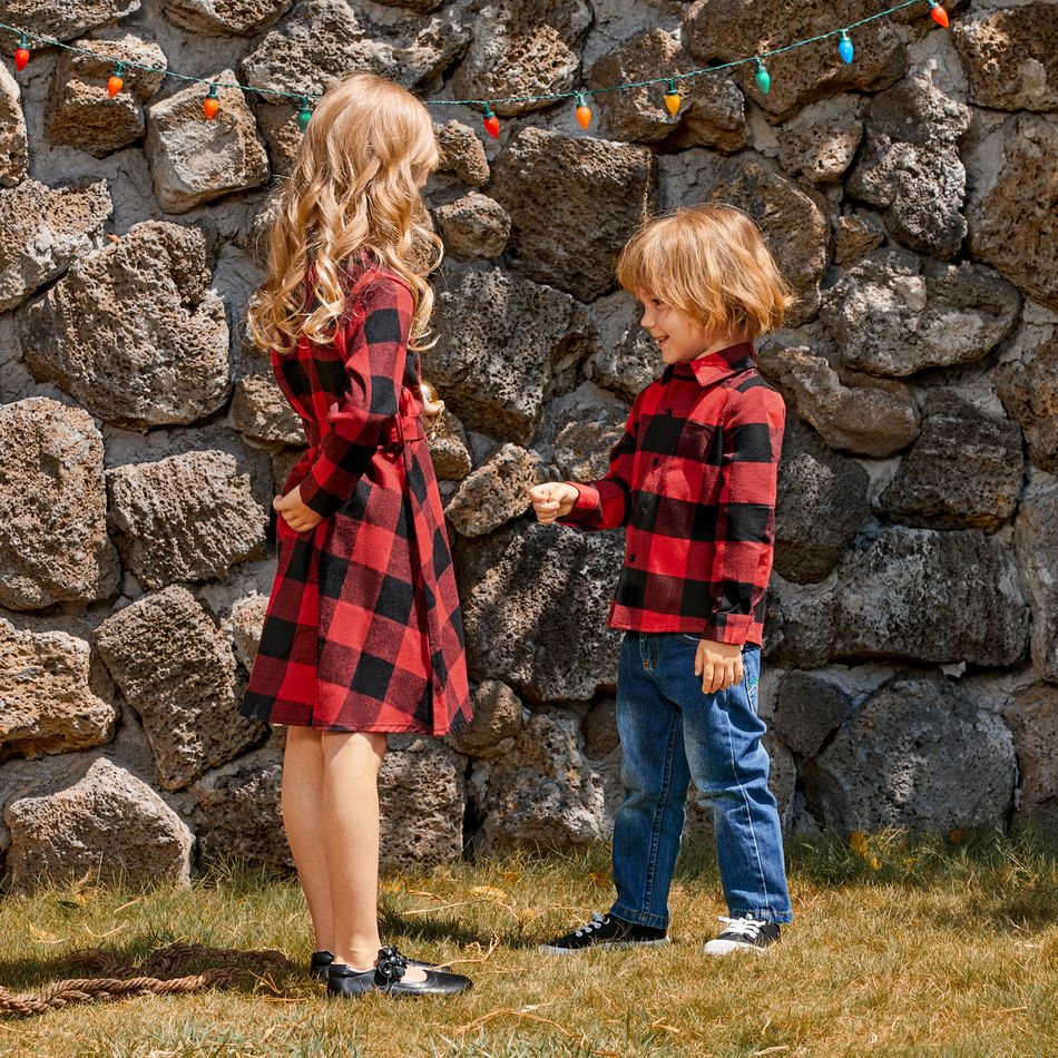 Red and Black Plaid Print Family Matching Sets（Lapel Long-sleeve Belted Dresses and Shirts） Red big image 4