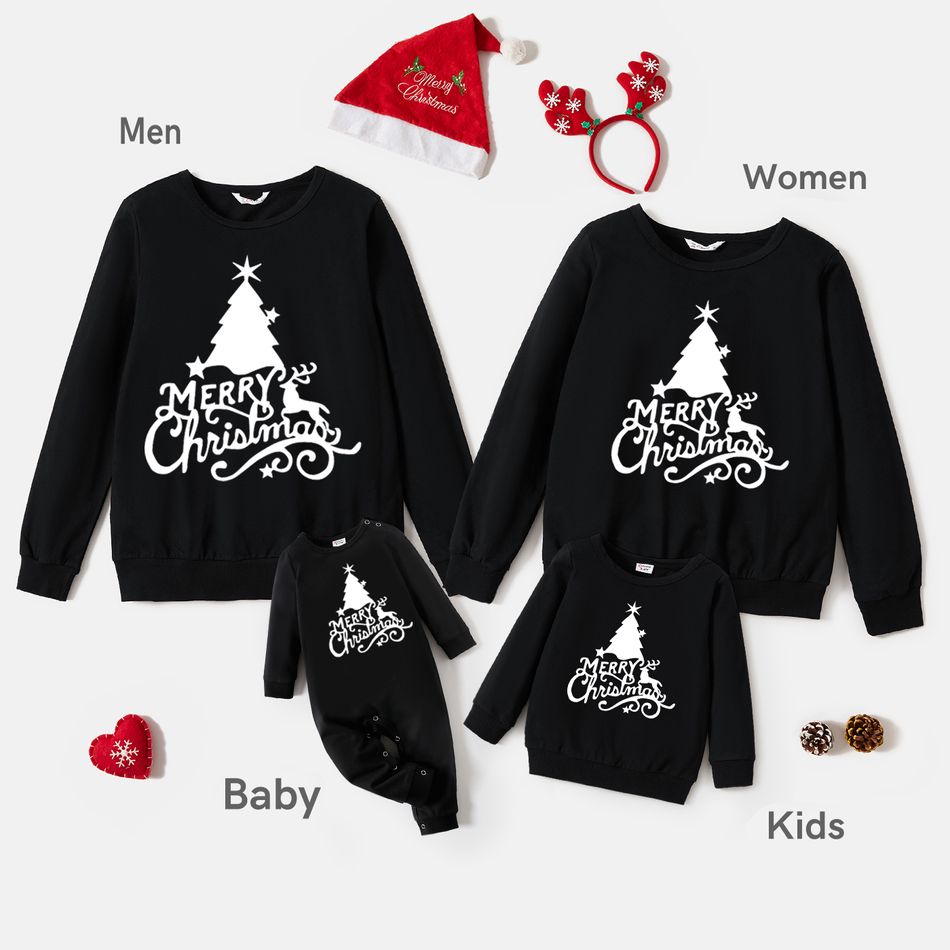 Christmas Family Matching 100% Cotton Xmas Tree & Letter Print Long-sleeve Sweatshirts Black big image 1