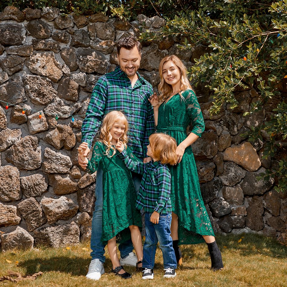 Family Matching Dark Green Lace 3/4 Sleeve Irregular Hem Dresses and Plaid Shirts Sets Green big image 8