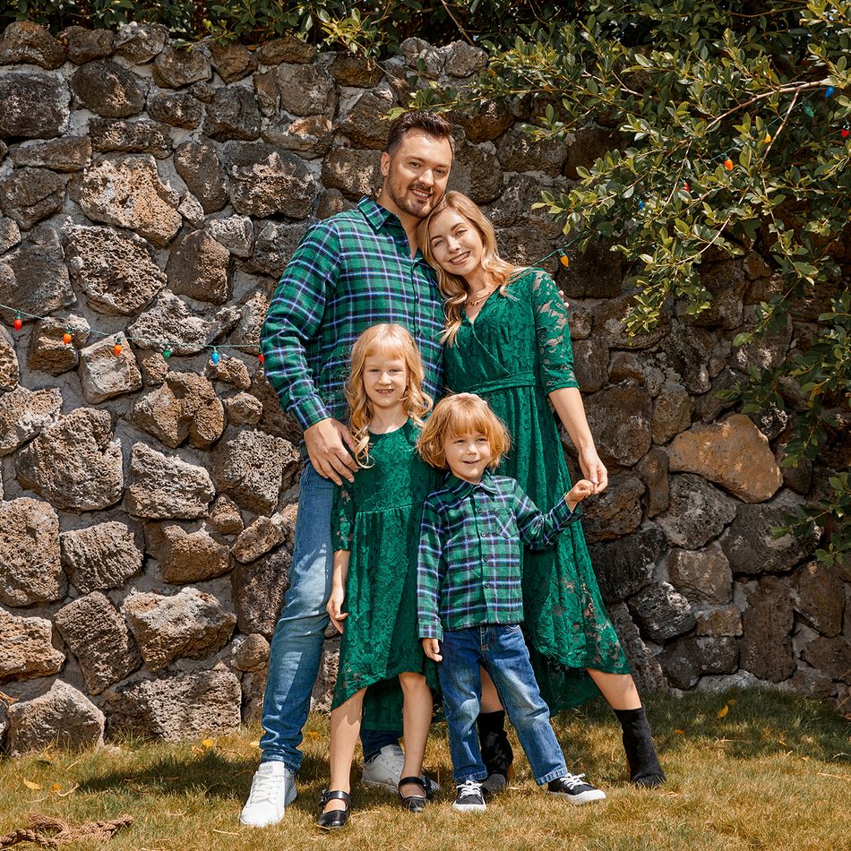 Family Matching Dark Green Lace 3/4 Sleeve Irregular Hem Dresses and Plaid Shirts Sets Green big image 9