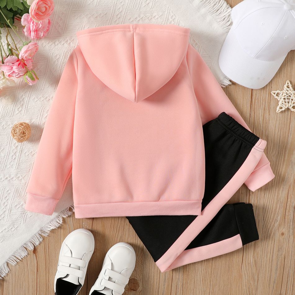 2pcs Kid Girl Letter Print Fleece Lined Hoodie Sweatshirt and Colorblock Pants Set Pink