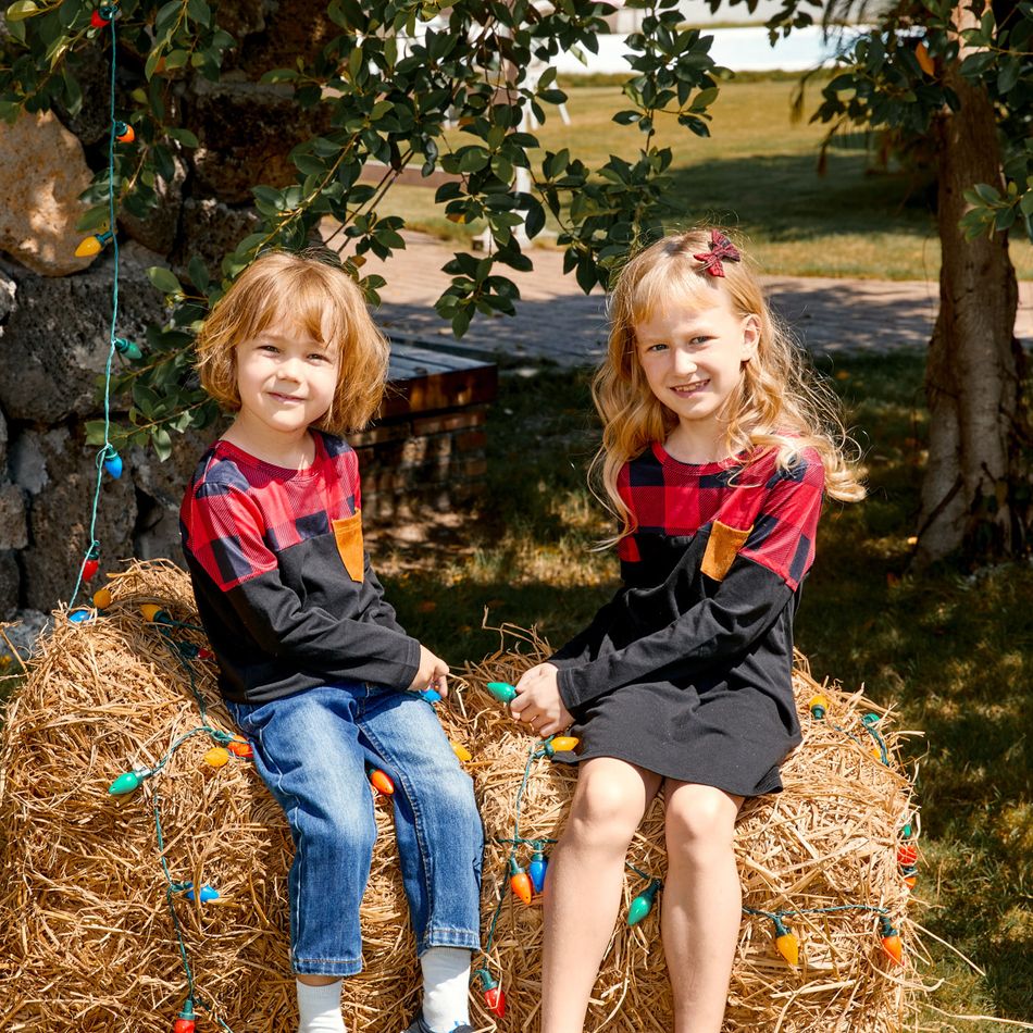 Christmas Family Matching Red Plaid Spliced Long-sleeve T-shirts and Dresses Sets redblack big image 10