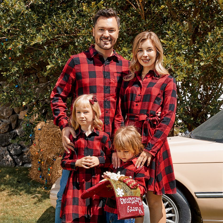 Red and Black Plaid Print Family Matching Sets（Lapel Long-sleeve Belted Dresses and Shirts） Red big image 1