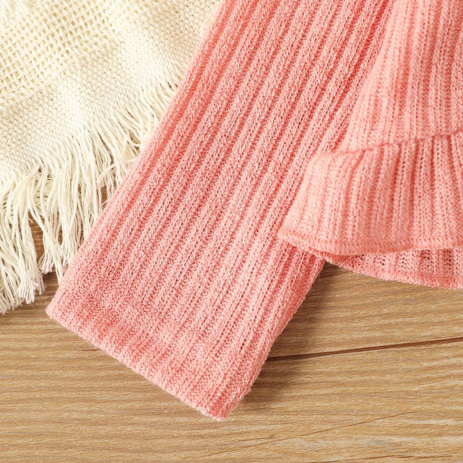 Baby Girl Solid Rib Knit Ruffle Trim Long-sleeve Cardigan Mauve Pink big image 4