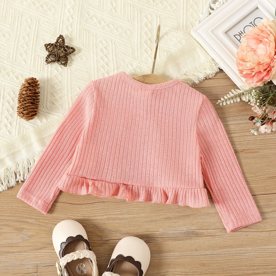 Baby Girl Solid Rib Knit Ruffle Trim Long-sleeve Cardigan Mauve Pink big image 3