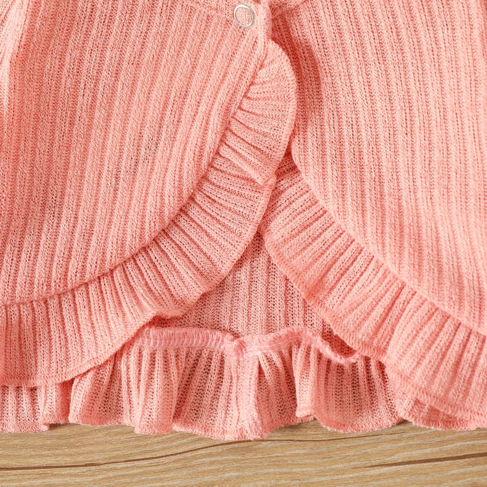 Baby Girl Solid Rib Knit Ruffle Trim Long-sleeve Cardigan Mauve Pink big image 5