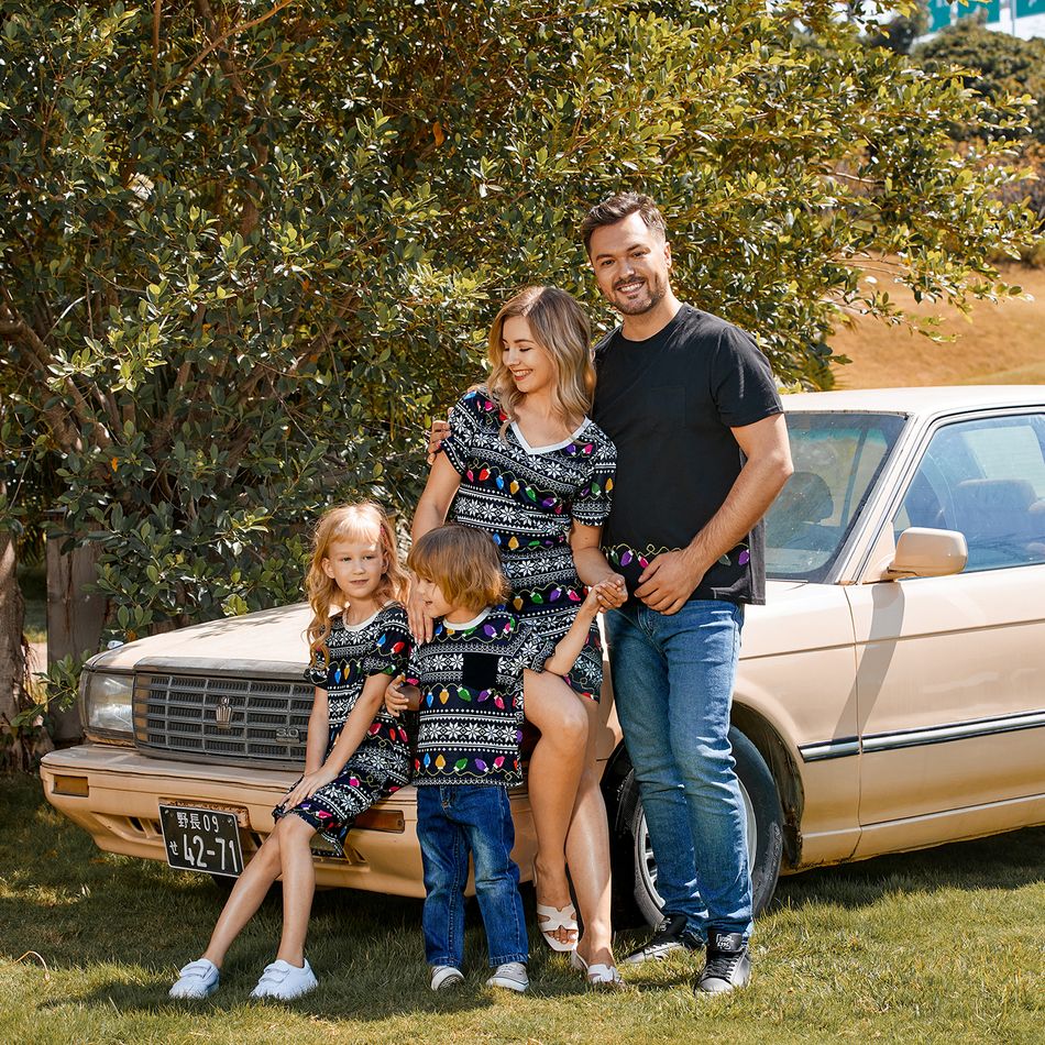 Christmas Family Matching Allover String Lights & Snowflake Print Black Twist Knot Bodycon Dresses and Short-sleeve T-shirts Sets Black big image 17