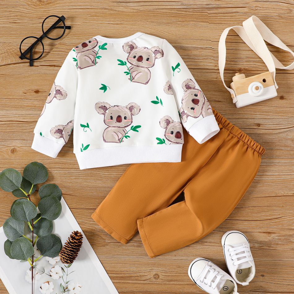 2pcs Baby Boy Allover Koala Print Long-sleeve Sweatshirt and Solid Pants Set White big image 2