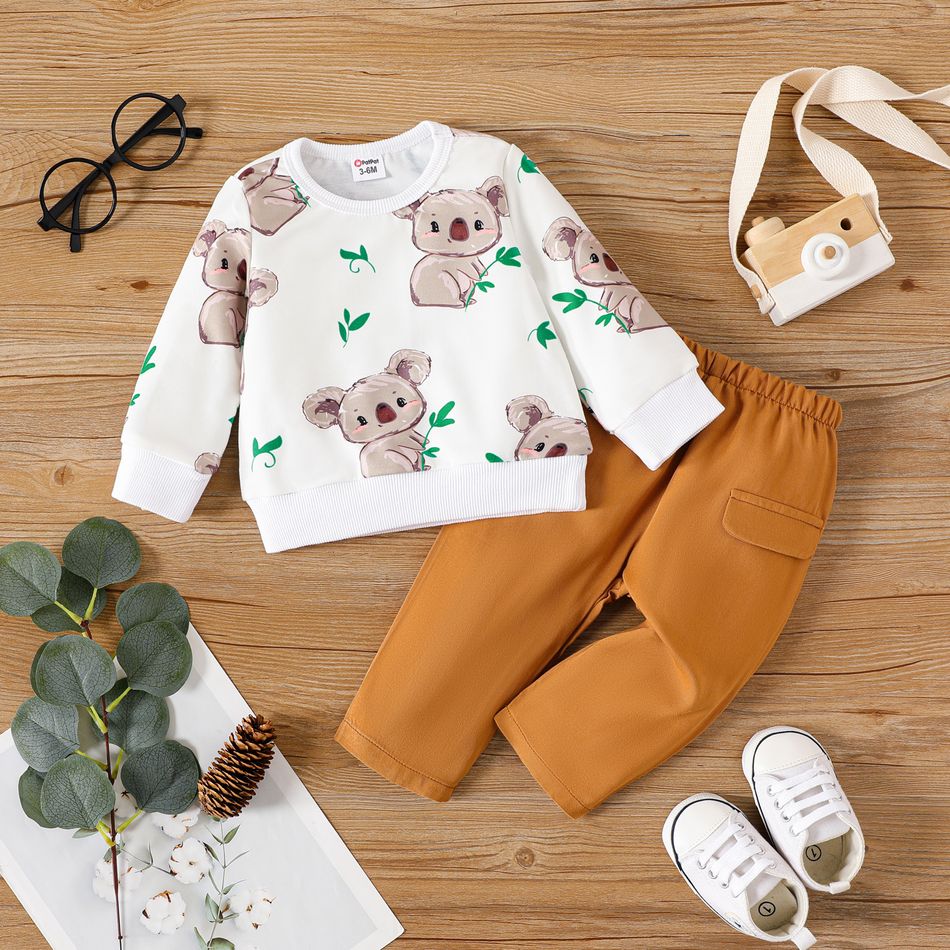2pcs Baby Boy Allover Koala Print Long-sleeve Sweatshirt and Solid Pants Set White big image 1