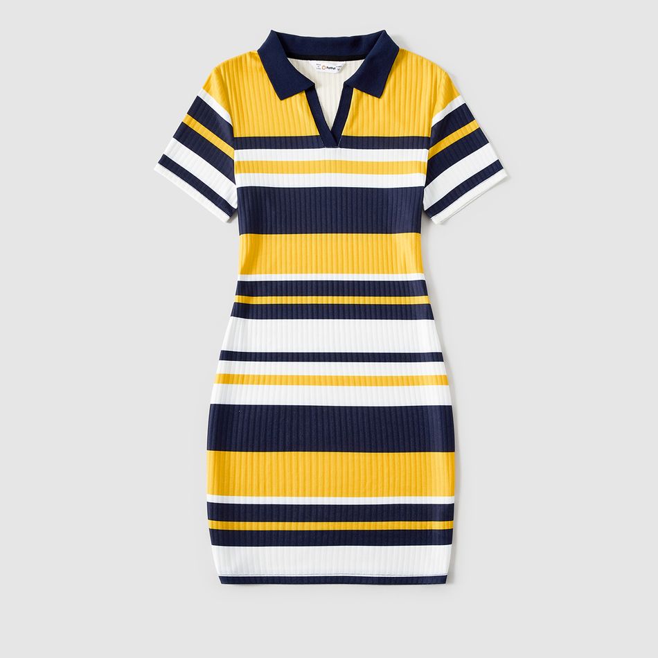 Family Matching Colorblock Striped Short-sleeve Polo Neck Bodycon Dresses and T-shirts Sets ColorBlock big image 2