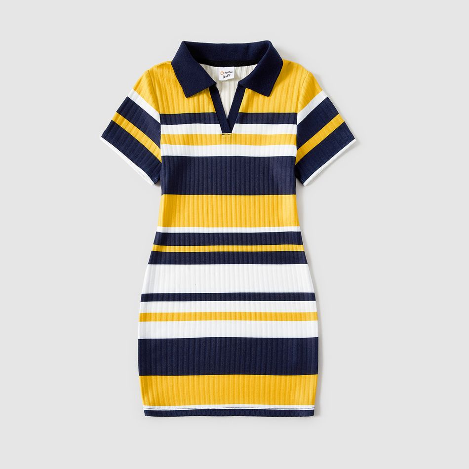 Family Matching Colorblock Striped Short-sleeve Polo Neck Bodycon Dresses and T-shirts Sets ColorBlock big image 3
