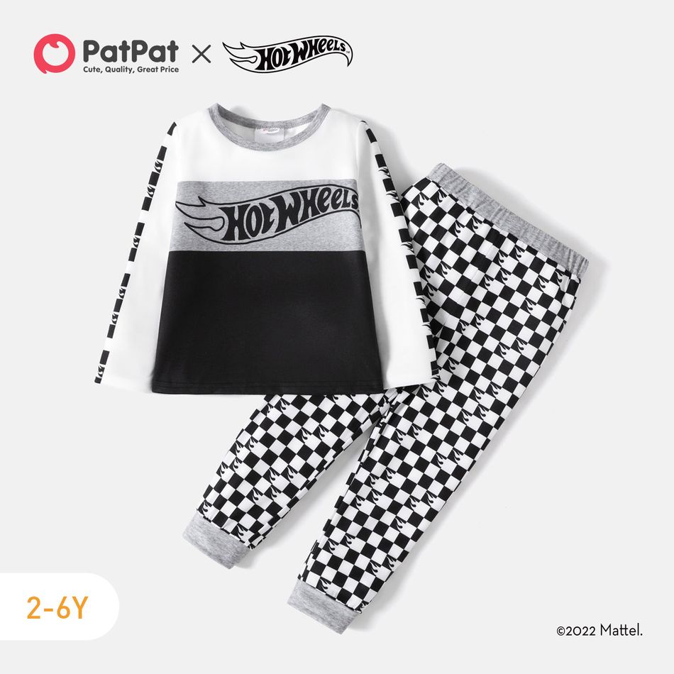 Hot Wheels 2pcs Toddler Boy Colorblock Long-sleeve Tee and Plaid Pants Set Black/White big image 1