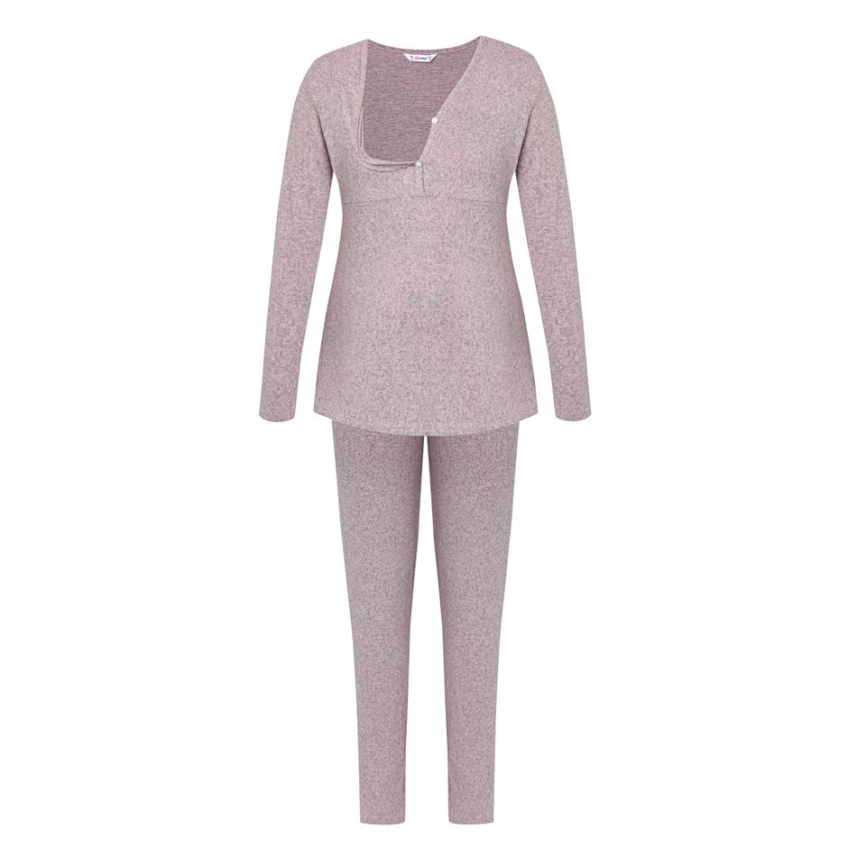 Nursing Minimalist Solid Long-sleeve Top & Pants Pajamas Lounge Set Pink