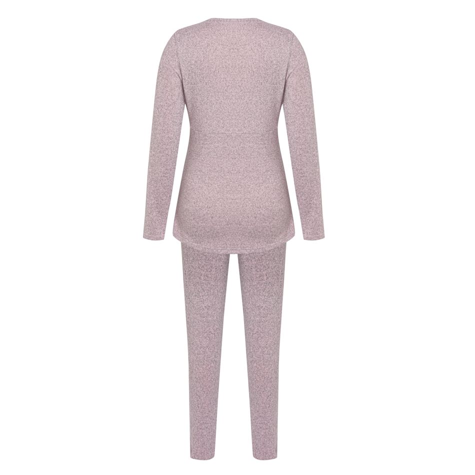 Nursing Minimalist Solid Long-sleeve Top & Pants Pajamas Lounge Set Pink big image 2