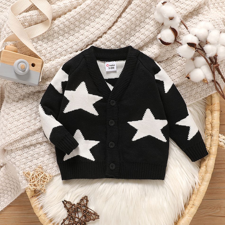 Baby Boy/Girl Allover Stars Pattern Black Long-sleeve Knitted Cardigan Sweater Black big image 2