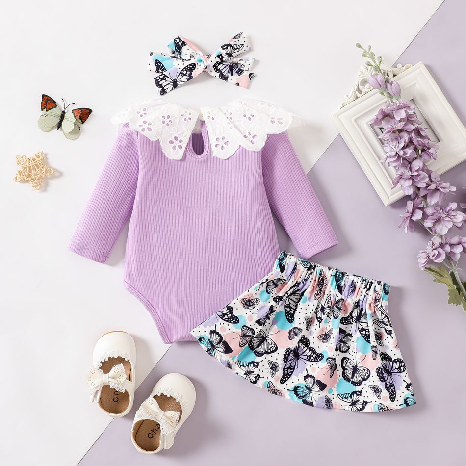 3pcs Baby Girl Ruffle Collar Long-sleeve Rib Knit Romper and Allover Butterfly Print Skirt with Headband Set Purple big image 2