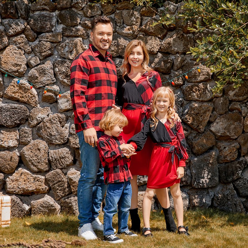 Christmas Family Matching Red Plaid Colorblock V Neck Belted Bodycon Dresses and Long-sleeve Button Shirts Sets redblack big image 10