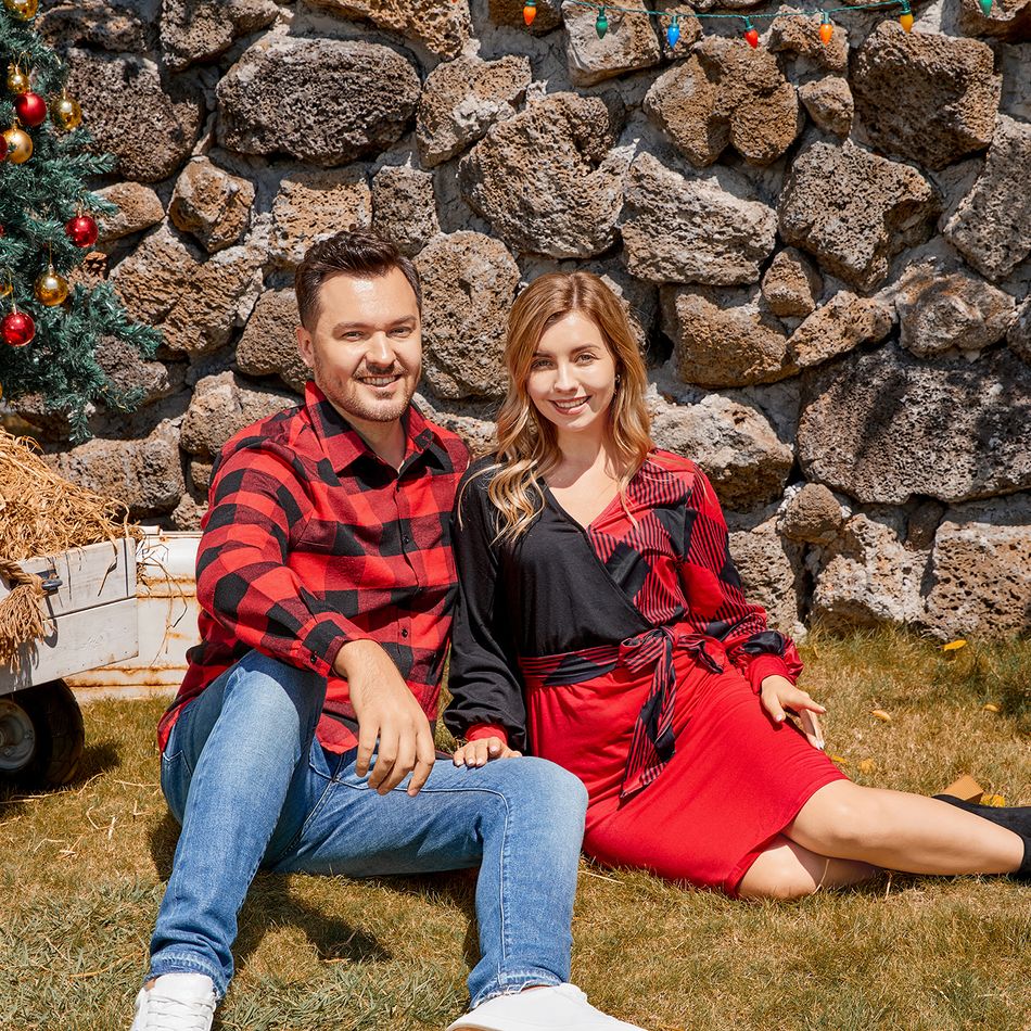 Christmas Family Matching Red Plaid Colorblock V Neck Belted Bodycon Dresses and Long-sleeve Button Shirts Sets redblack big image 16